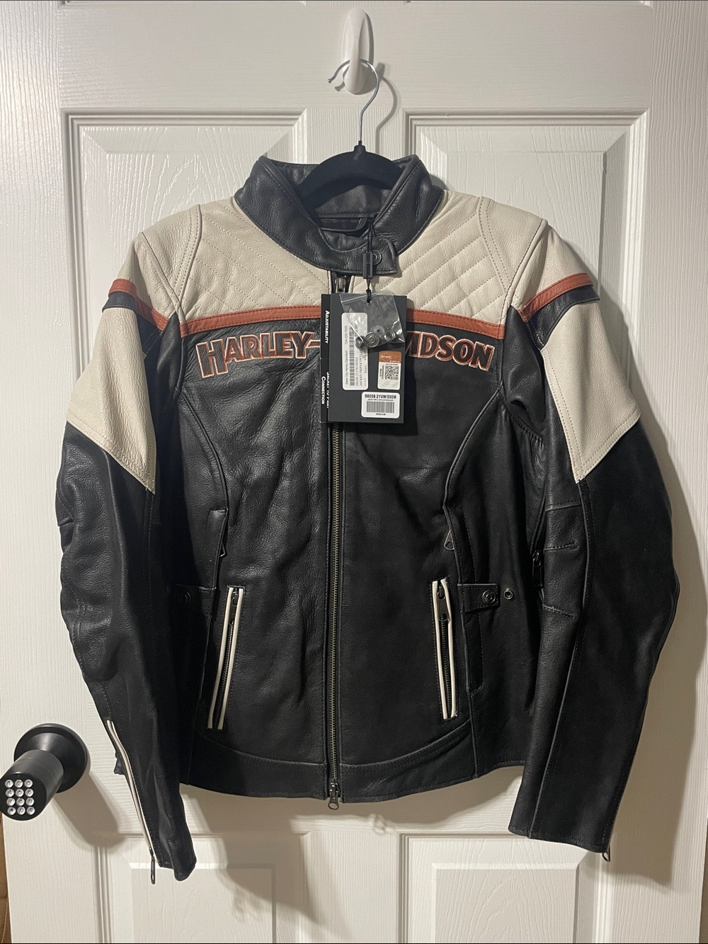Harley-Davidson Black, Cream & Orange Leather Riding Jacket